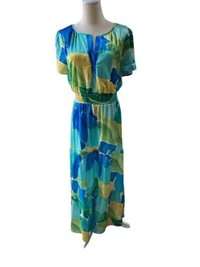 NICOLE MILLER Green and Blue Elastic Waistband Maxi Dress